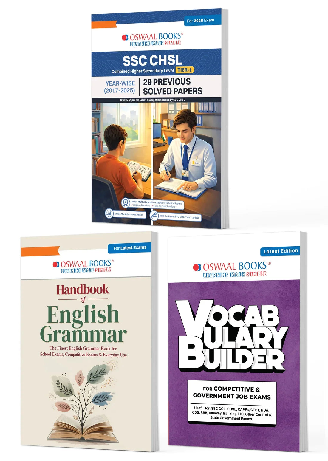 SSC CHSL Tier-1 Set of 3 | 29 PYQs, English Grammar Handbook & Vocabulary Builder | 2017–2025 | For 2026 Exam | Oswaal Books