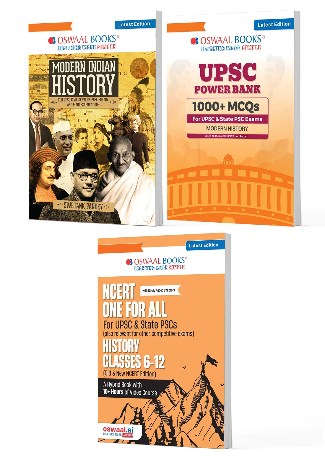 UPSC History Exam Pack 2026 (Set of 3 Books) | Modern Indian History + Power Bank 1000+ MCQs + NCERT One For All History Class 6–12 | Oswaal