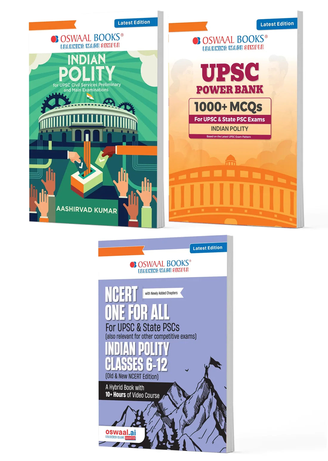 UPSC Indian Polity Exam Pack 2026 (Set of 3 Books) | Indian Polity Guide + Power Bank 1000+ MCQs + NCERT One For All Classes 6–12 | Oswaal