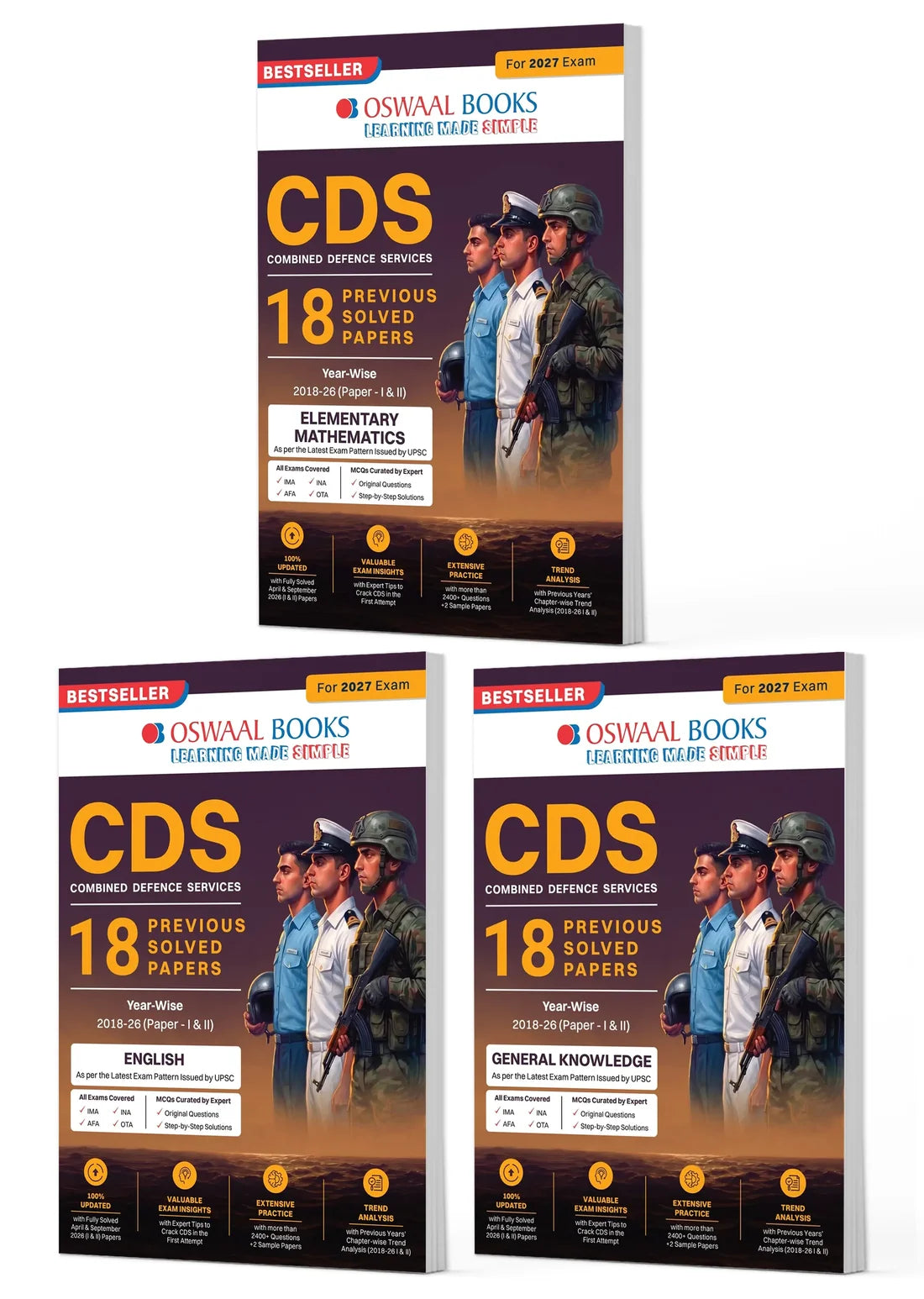 CDS Mathematics, English & General Knowledge 18 Previous Years' Solved Papers (Set of 3) | 2018–2026 | For 2027 Exam | Oswaal Books