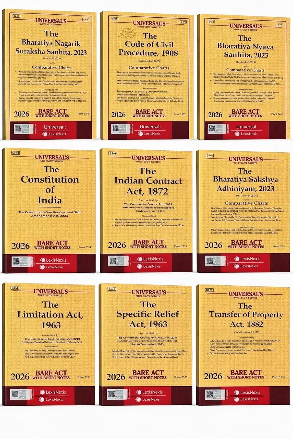 Universal 9 BARE ACTS COMBO 2026 latest edition (BNS, BNSS, BSA, CONSTITUTION, CPC, LIMITATION, CONTRACT, TRANSFER PROPERTY, SPECIFIC RELIEF | universal | Edition 2026