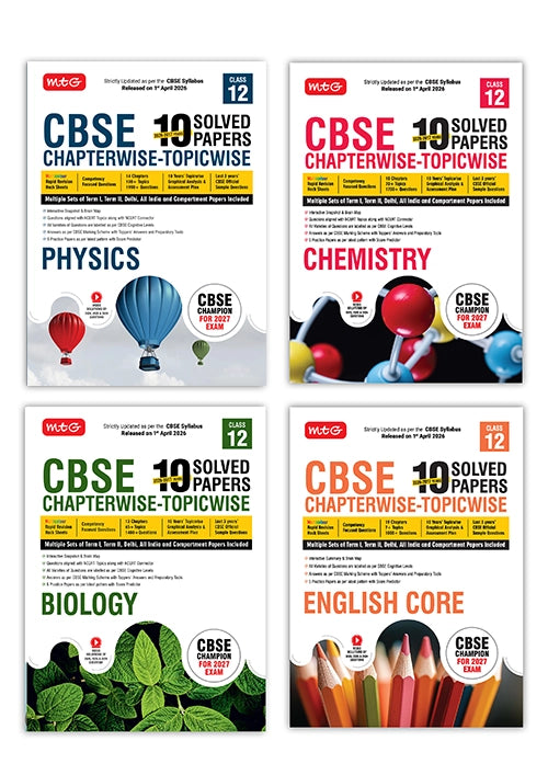 CBSE 10 Years (2026-2017) Chapterwise Topicwise Solved Papers Class 12 Physics, Chemistry, Biology and English (Set of 4 Books) – CBSE Champion For 2027 Exam | Video Solution of PYQs | MTG