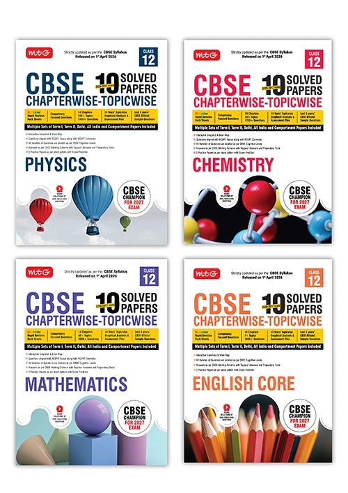 CBSE 10 Years (2026-2017) Chapterwise Topicwise Solved Papers Class 12 Physics, Chemistry, Mathematics and English (Set of 4 Books) – CBSE Champion For 2027 Exam | Video Solution of PYQs | MTG