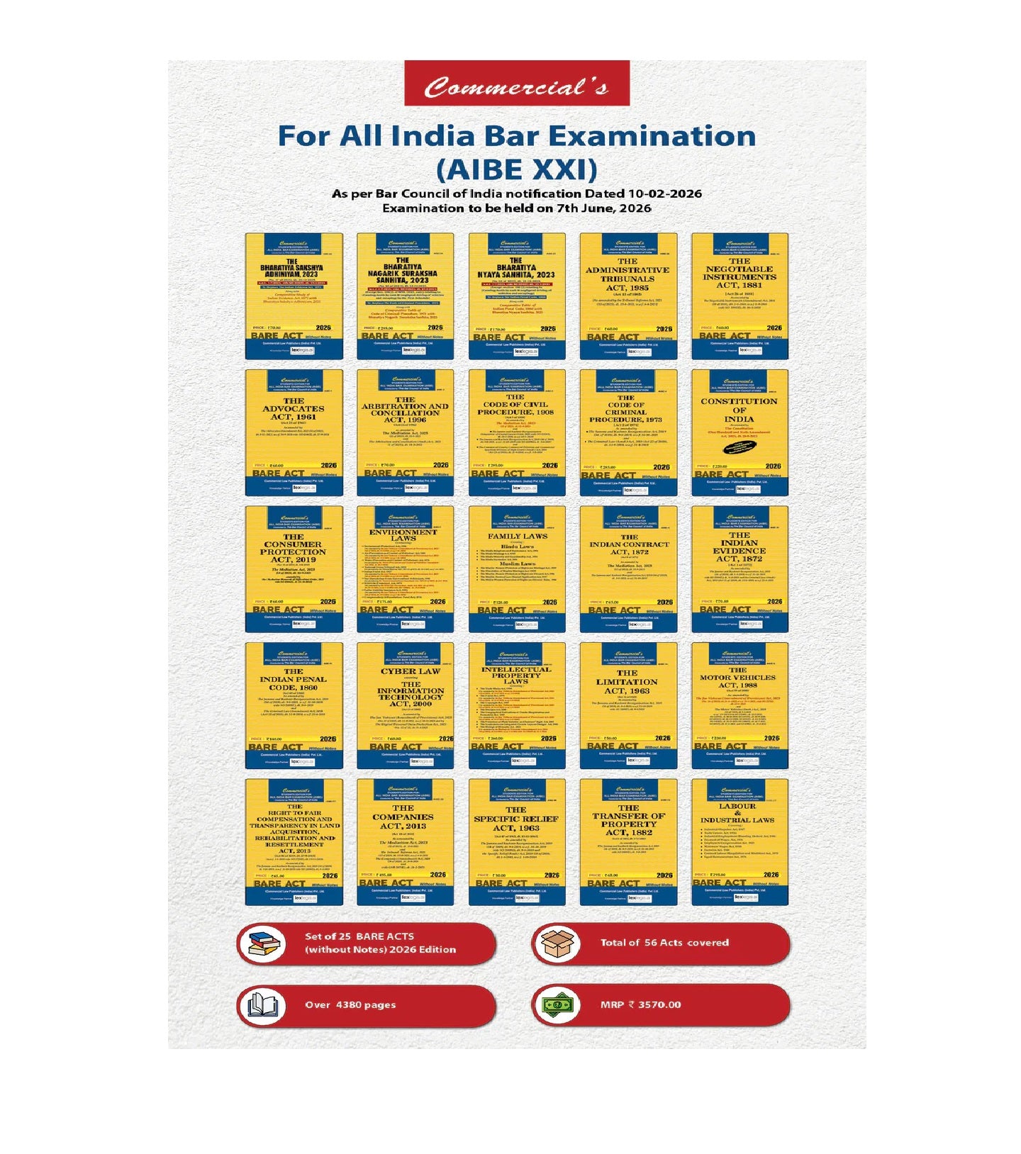 COMMERCIAL'S AIBE Exam combo of 25 Bare Acts without Notes, as per Bar Council of India, New Syllabus for AIBE XIX Exam Covering New Criminal Laws (BNS, BNSS, BSA) | 2026 Edition - GenZbookcompany