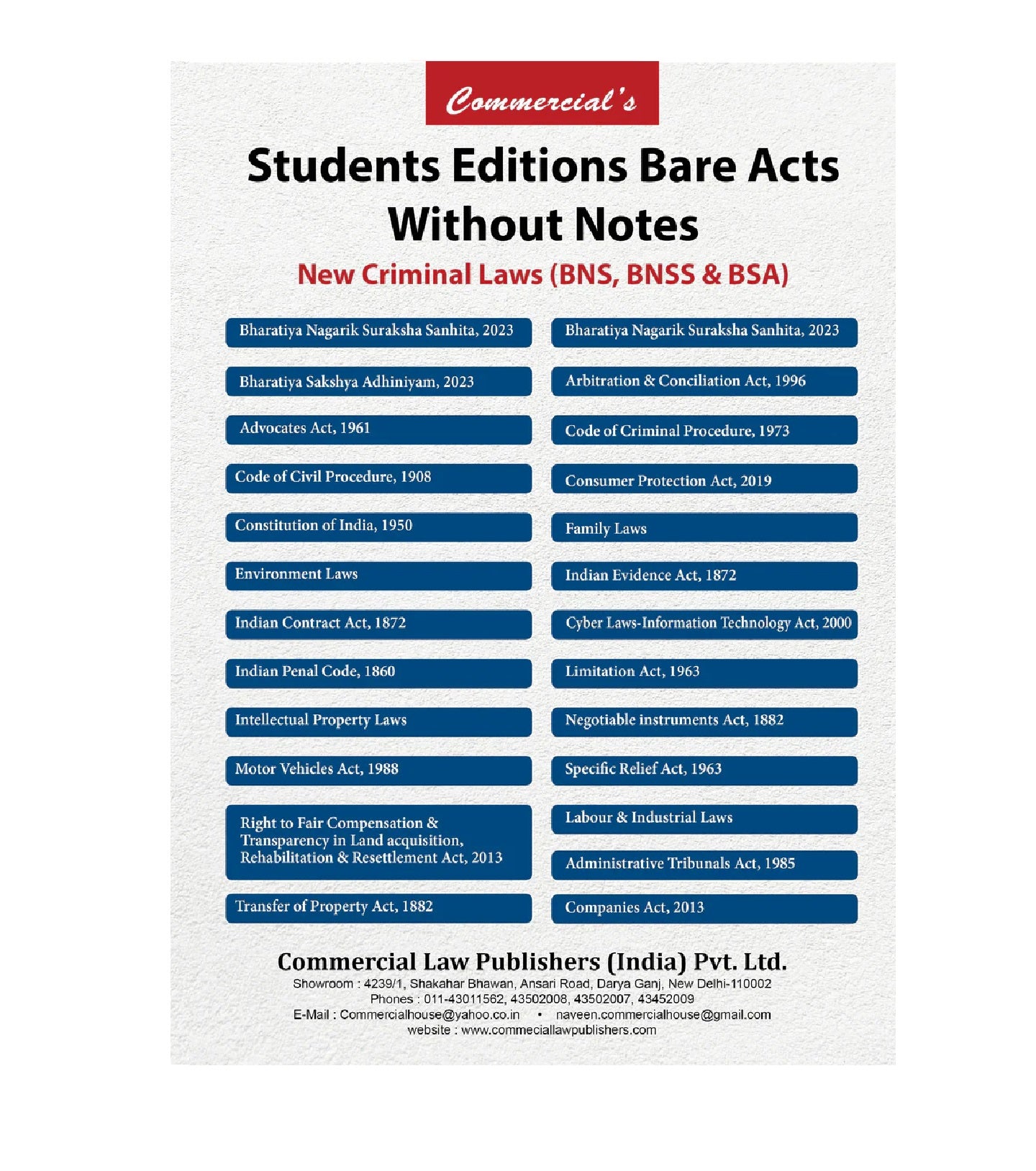 COMMERCIAL'S AIBE Exam combo of 25 Bare Acts without Notes, as per Bar Council of India, New Syllabus for AIBE XIX Exam Covering New Criminal Laws (BNS, BNSS, BSA) | 2026 Edition - GenZbookcompany