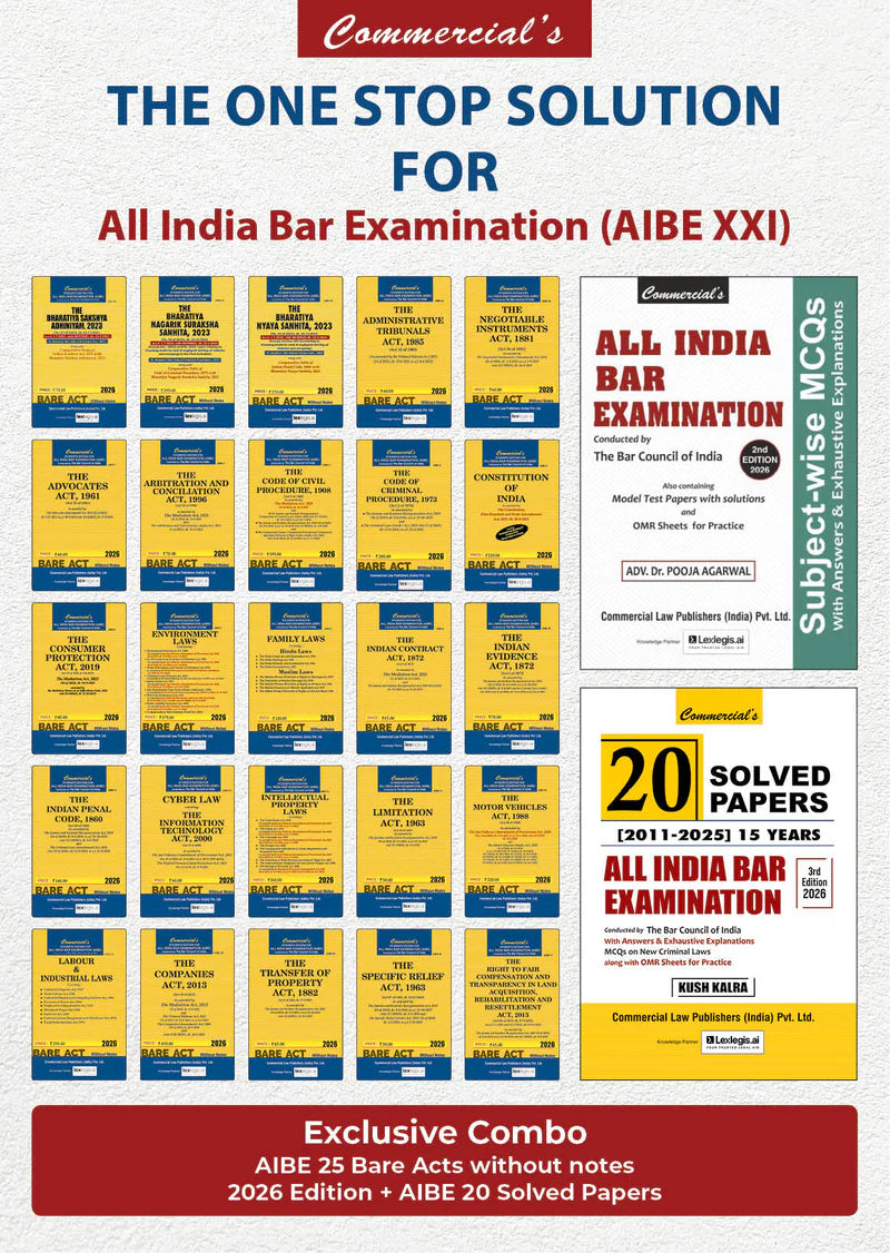 EXCLUSIVE COMBO - One stop Solution to AIBE XXI (25 Bare Acts + Solved papers+ MCQs)  | Commercial Law Publishers | Edition 2026